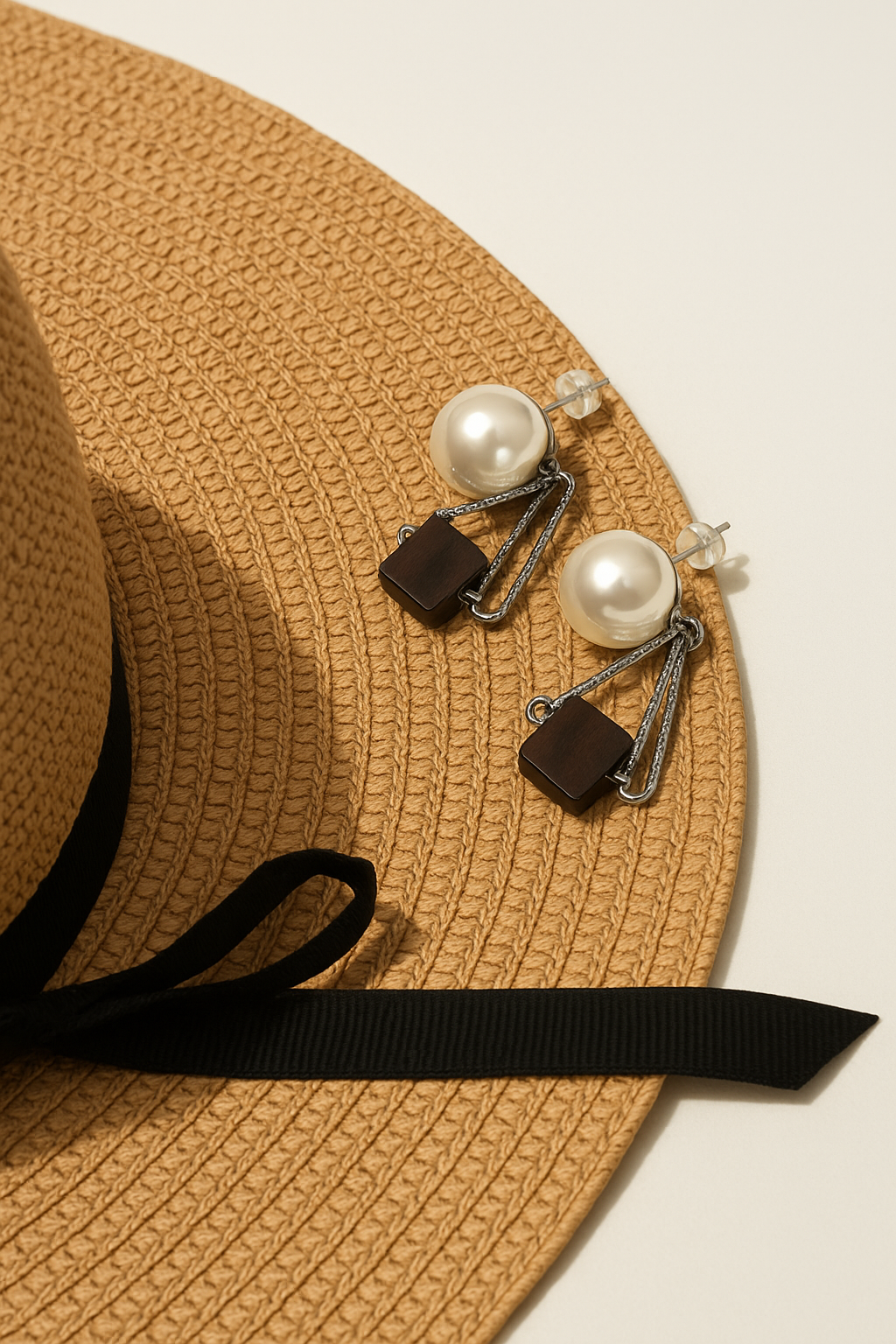 PEARL WITH WOODEN SQUARE EARRINGS