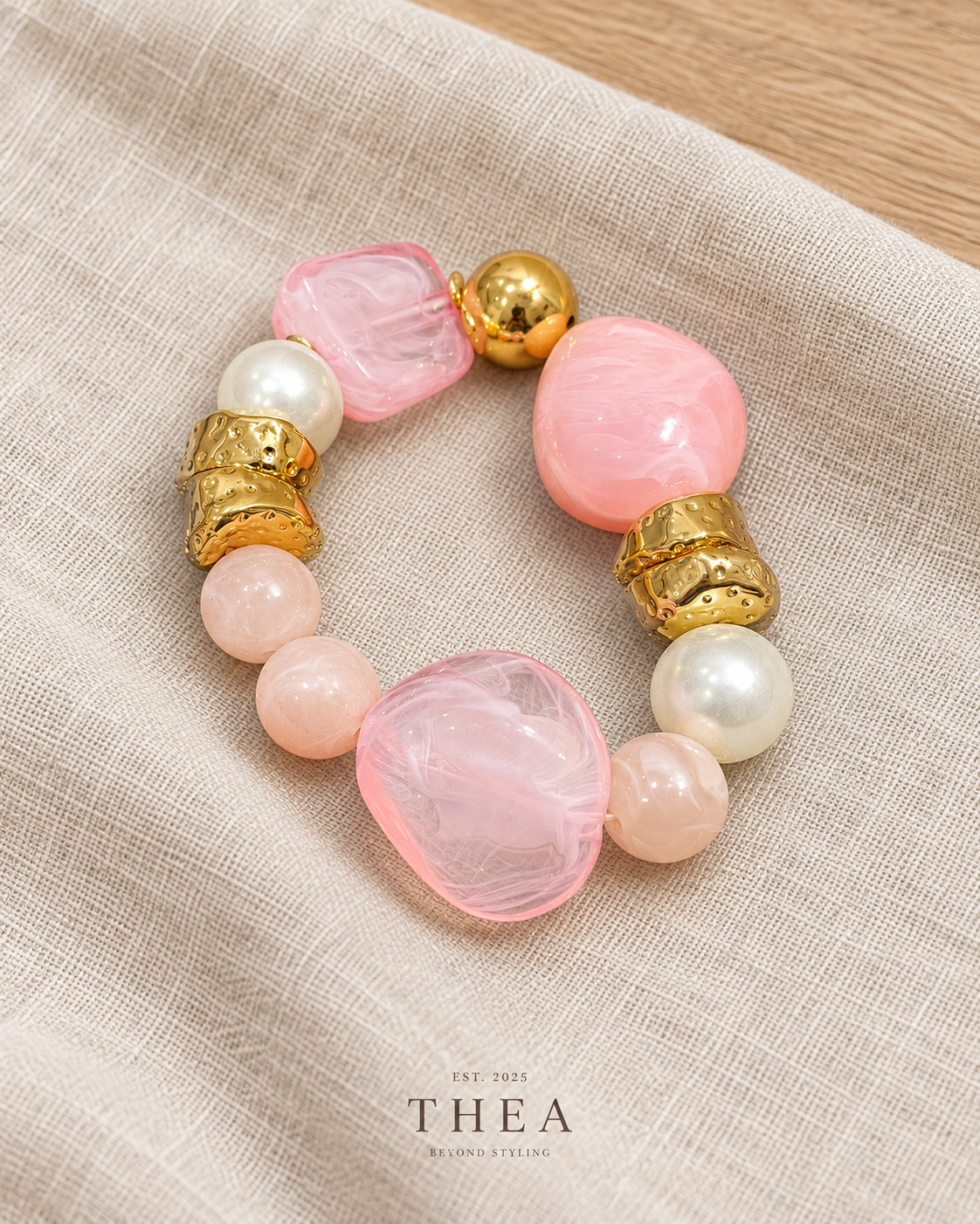Rose Mosaic Bracelet with rose pink, blush, pearl-look and gold-tone beads