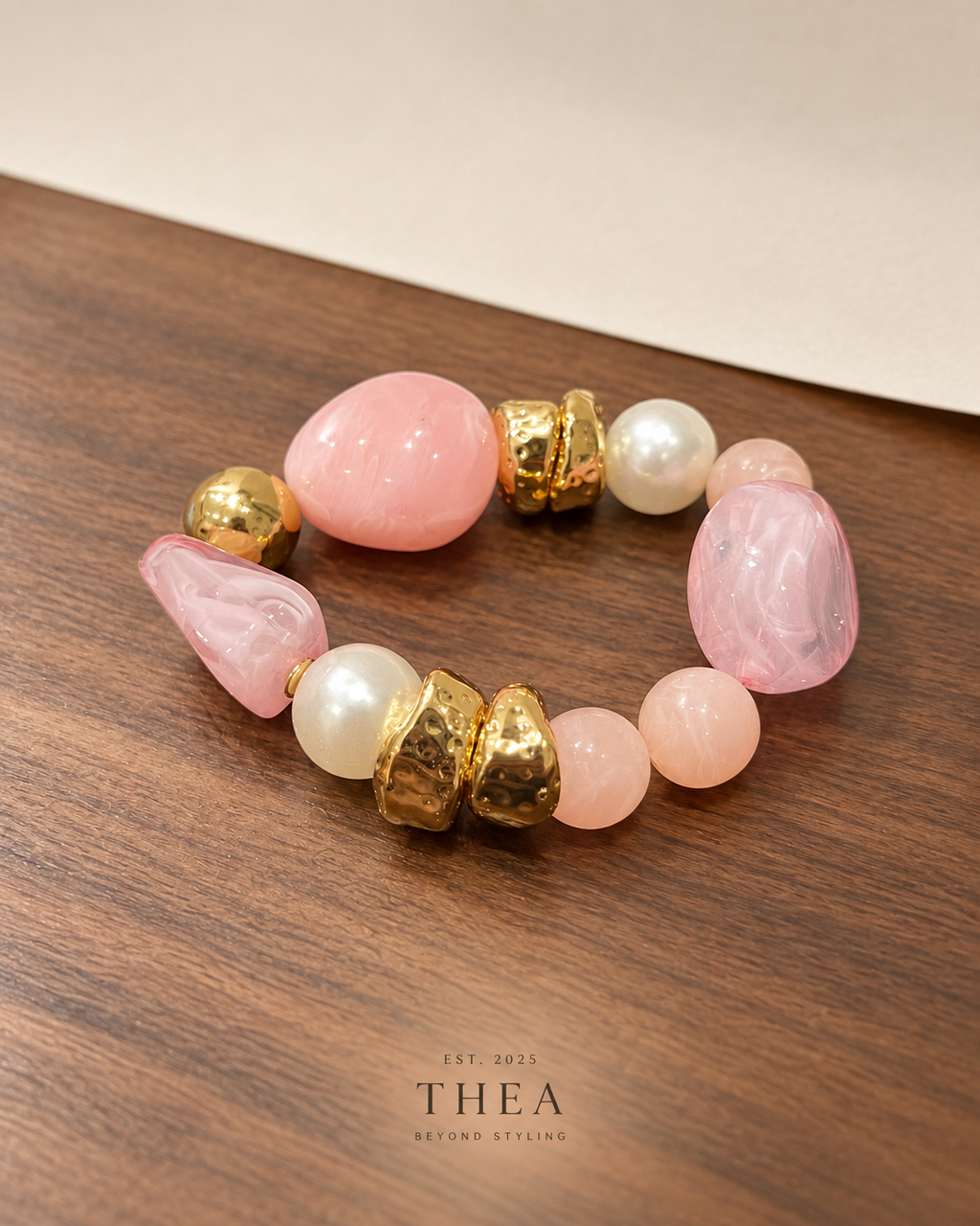 Rose Mosaic Bracelet with rose pink, blush, pearl-look and gold-tone beads