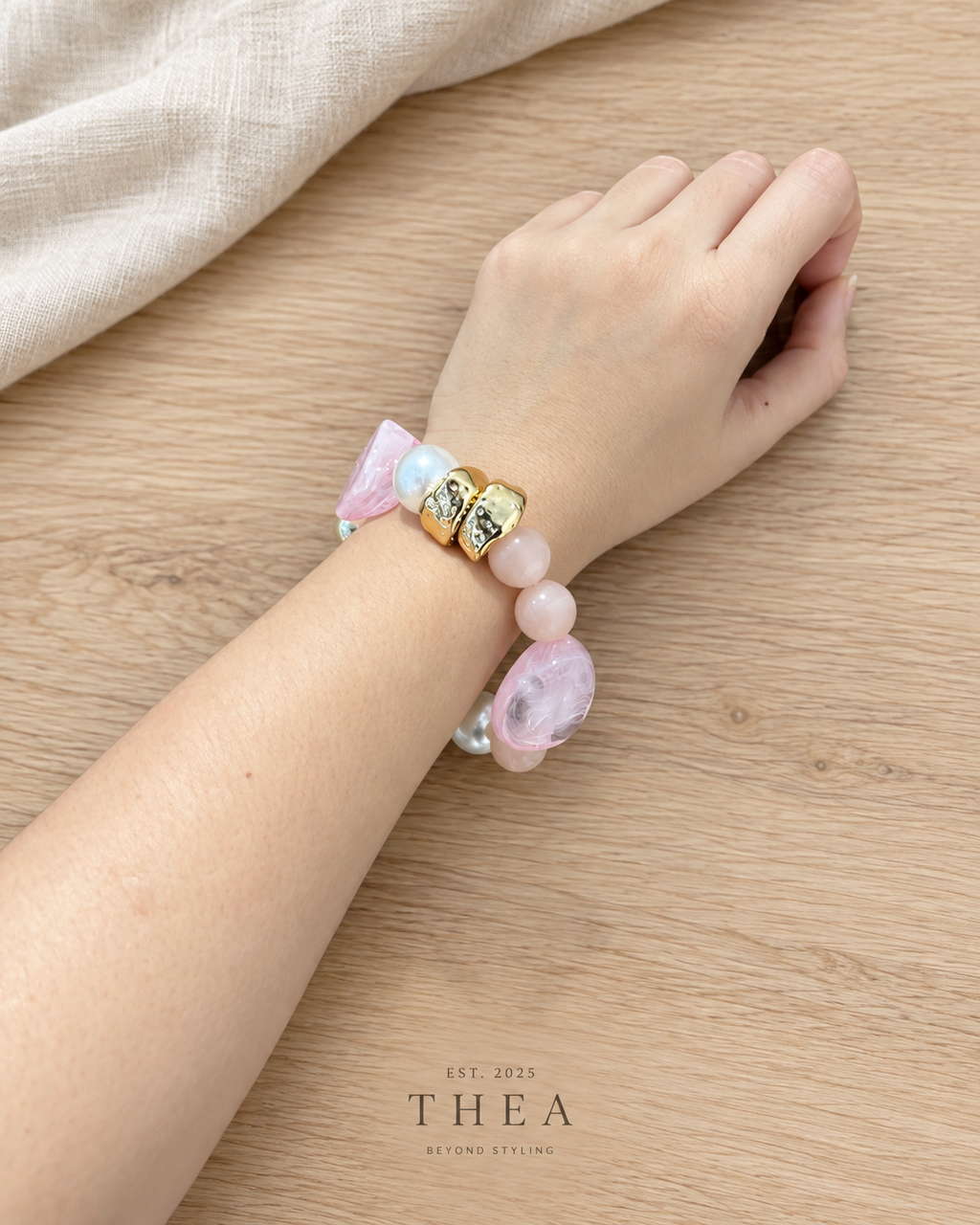 Rose Mosaic Bracelet with rose pink, blush, pearl-look and gold-tone beads