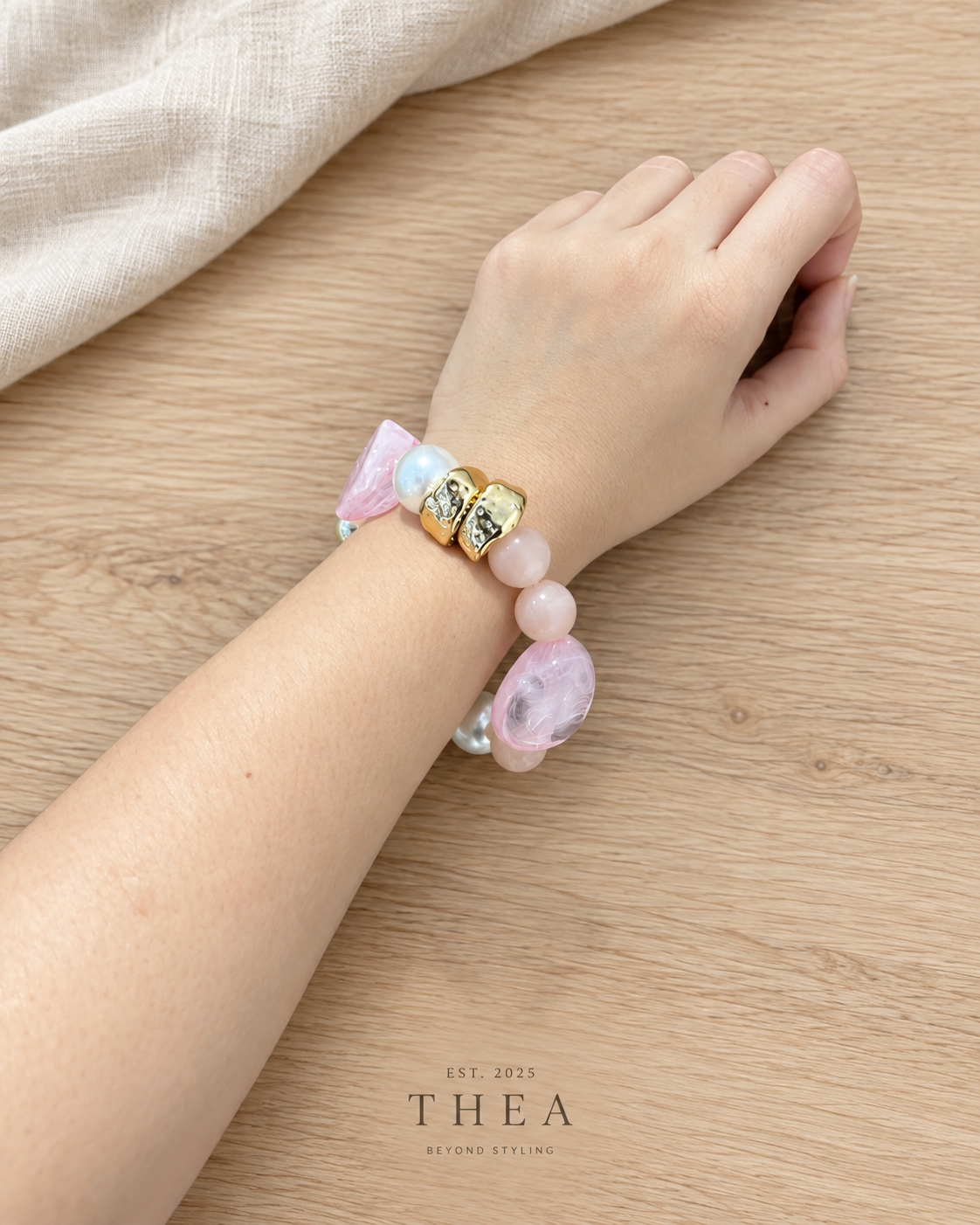 Rose Mosaic Bracelet with rose pink, blush, pearl-look and gold-tone beads