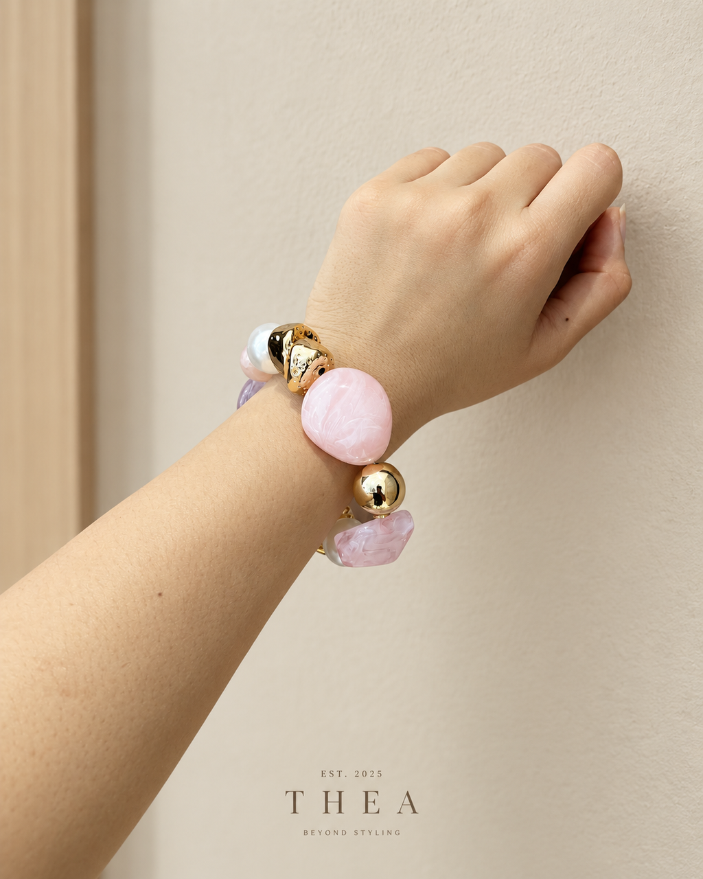 Rose Mosaic Bracelet with rose pink, blush, pearl-look and gold-tone beads