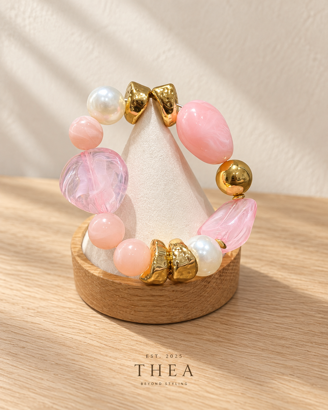 Rose Mosaic Bracelet with rose pink, blush, pearl-look and gold-tone beads