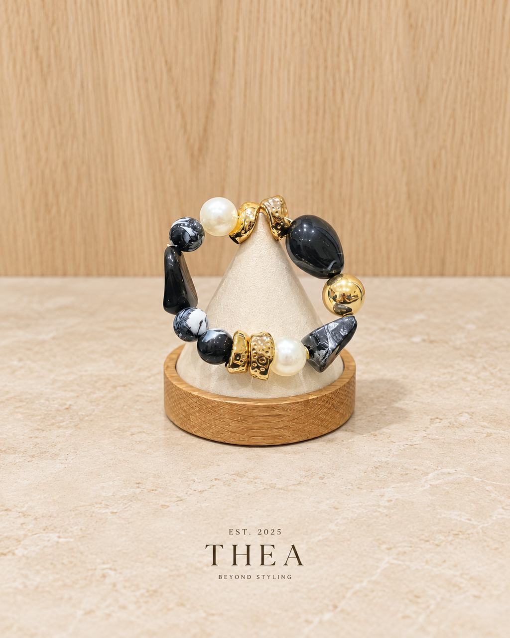 Noir Mosaic Bracelet with black, charcoal marbled, pearl-look and gold-tone beads