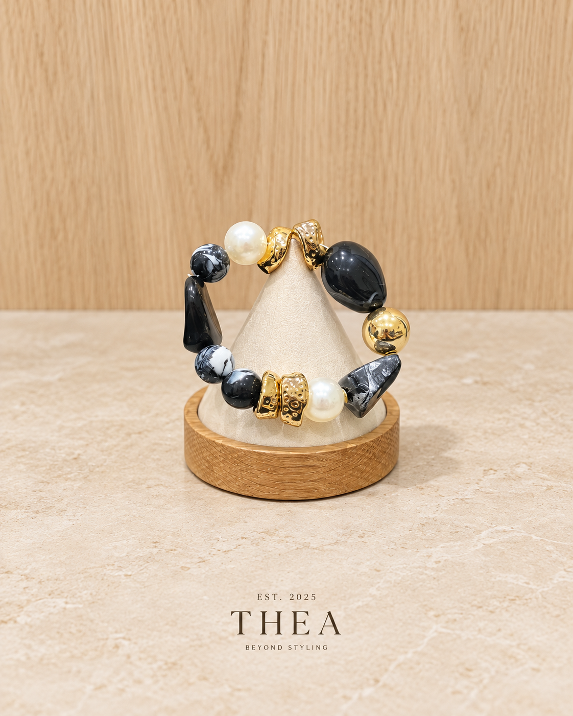 Noir Mosaic Bracelet with black, charcoal marbled, pearl-look and gold-tone beads