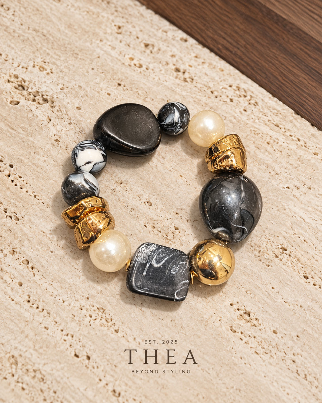 Noir Mosaic Bracelet with black, charcoal marbled, pearl-look and gold-tone beads