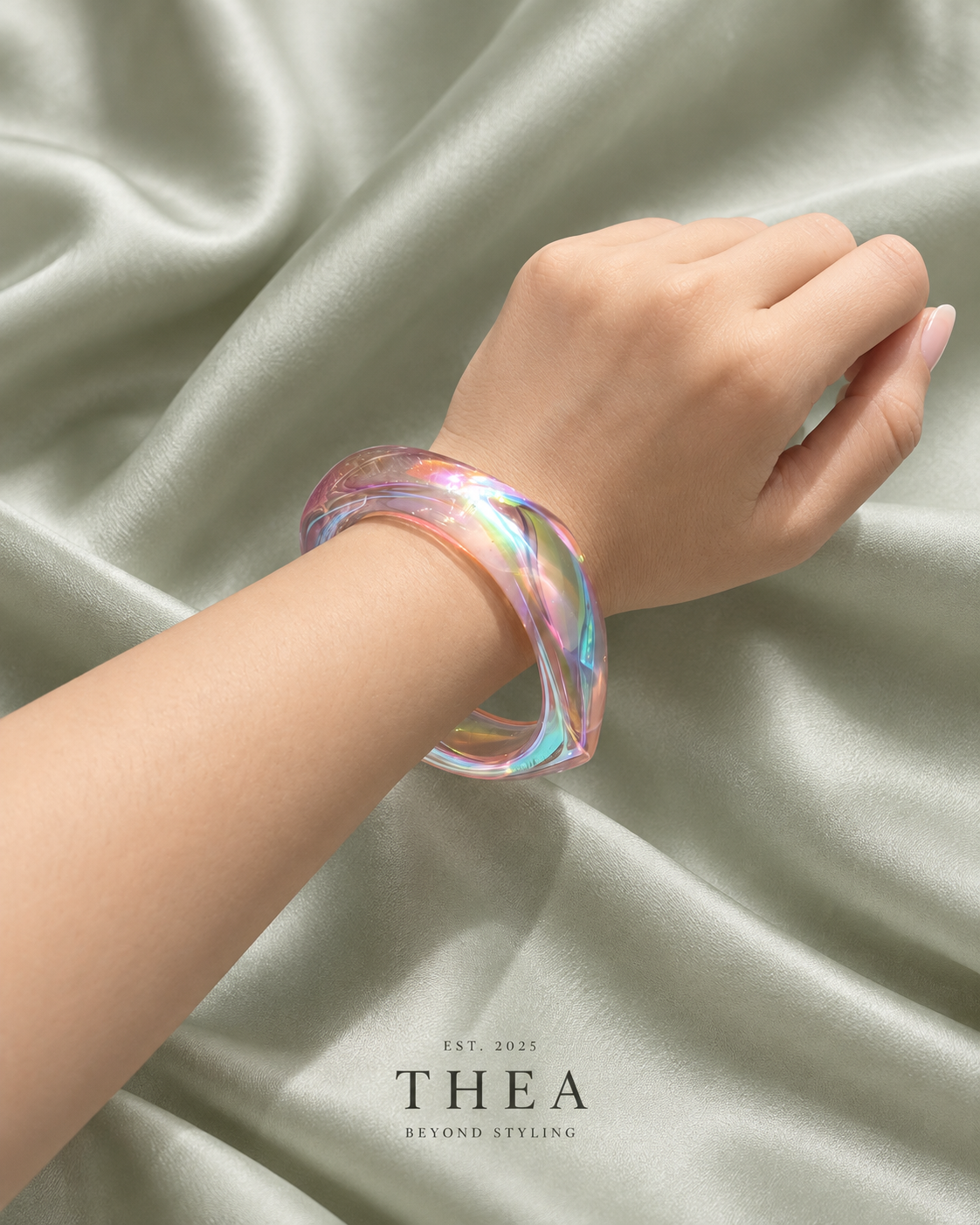 Prism Sculpt Bangle in opal with rainbow reflections