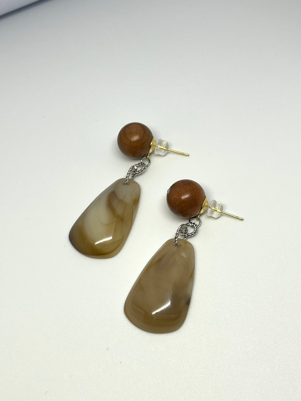 WOODEN SPHERE WITH MARBLE DROP EARRINGS
