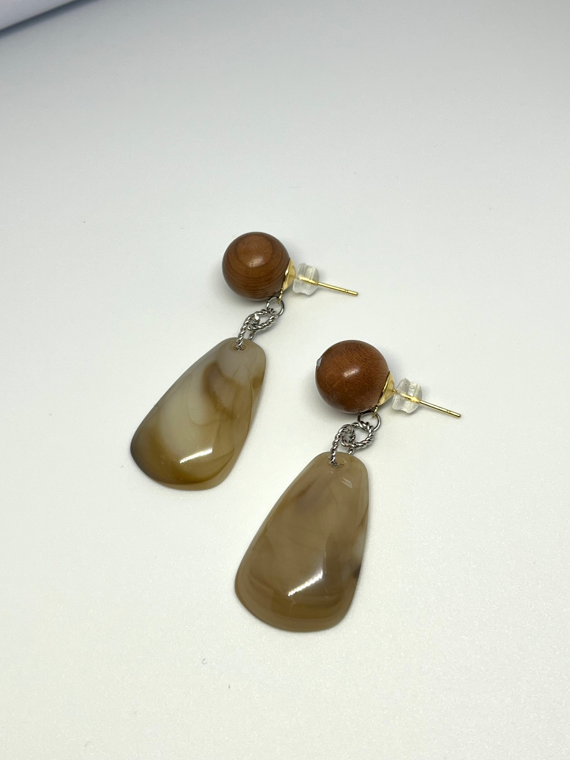 WOODEN SPHERE WITH MARBLE DROP EARRINGS