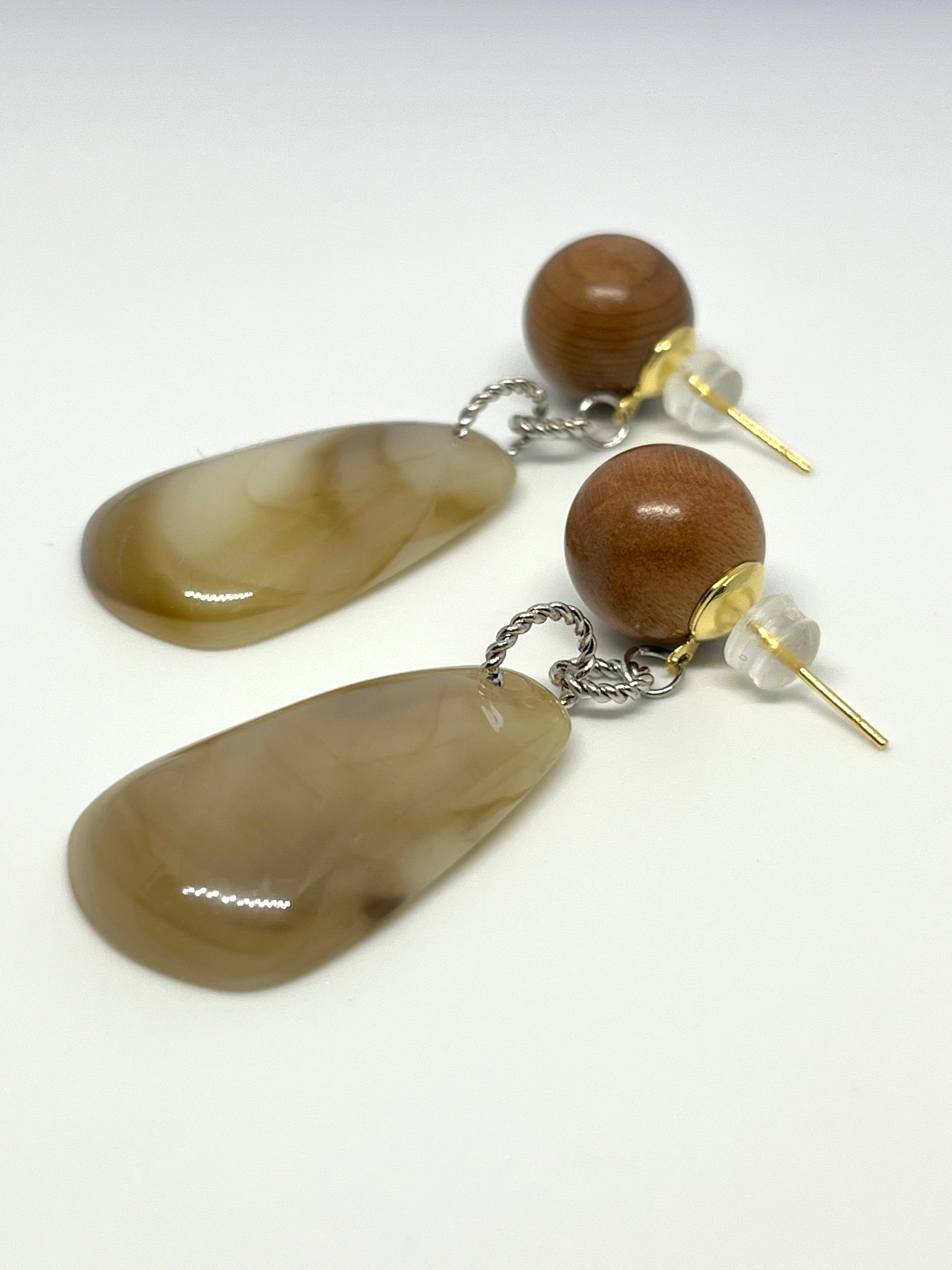 WOODEN SPHERE WITH MARBLE DROP EARRINGS