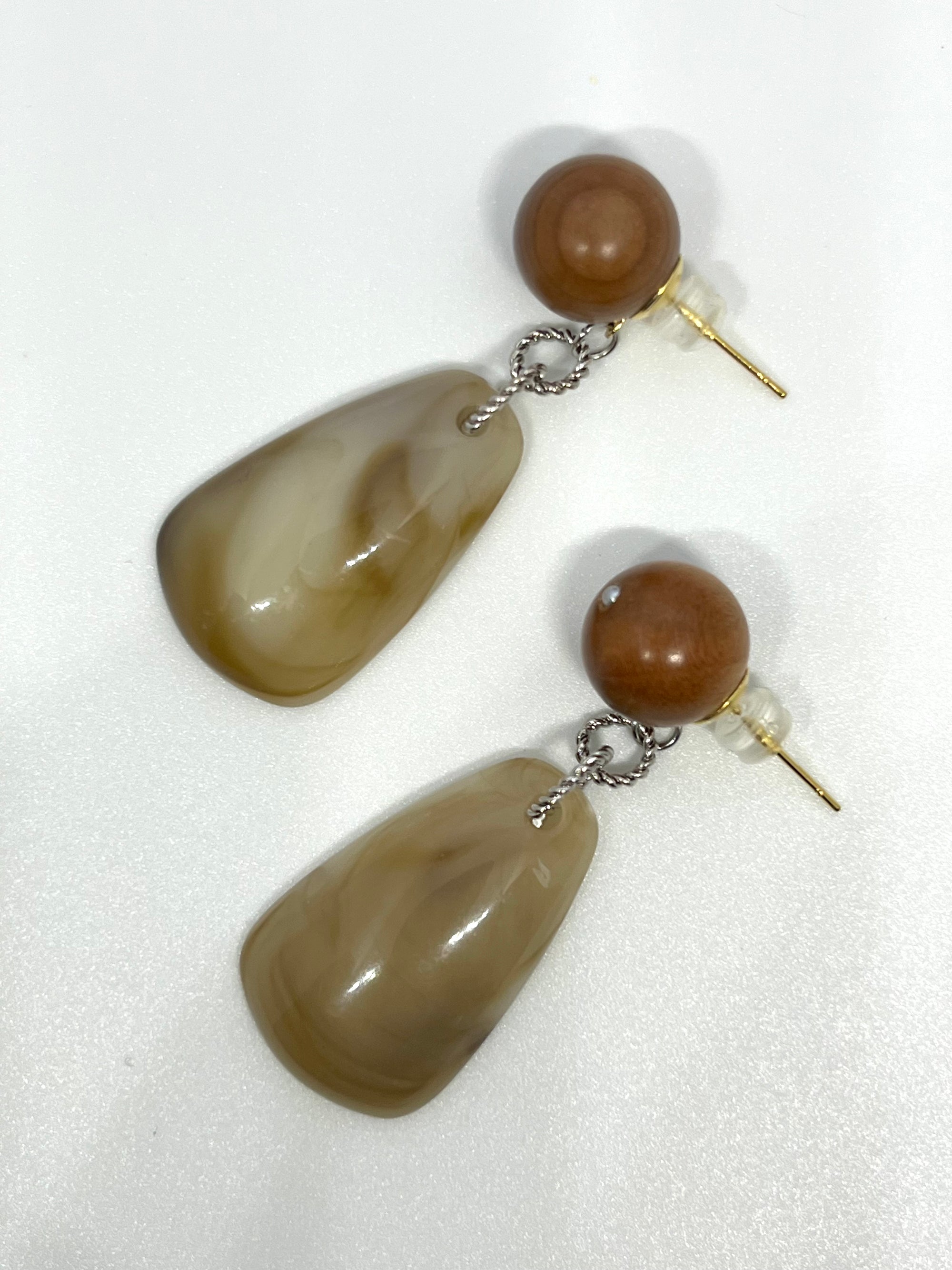 WOODEN SPHERE WITH MARBLE DROP EARRINGS