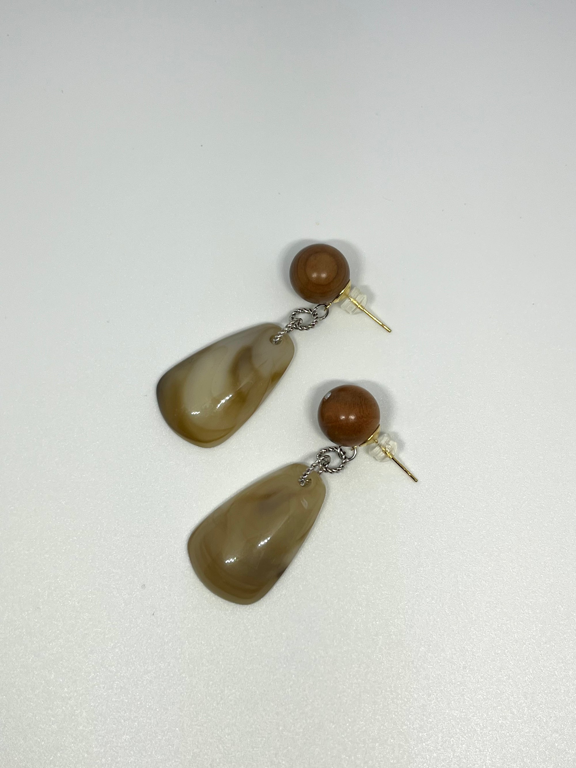 WOODEN SPHERE WITH MARBLE DROP EARRINGS