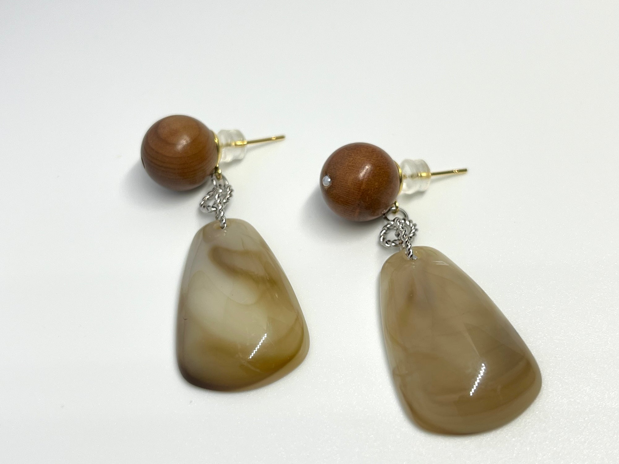WOODEN SPHERE WITH MARBLE DROP EARRINGS