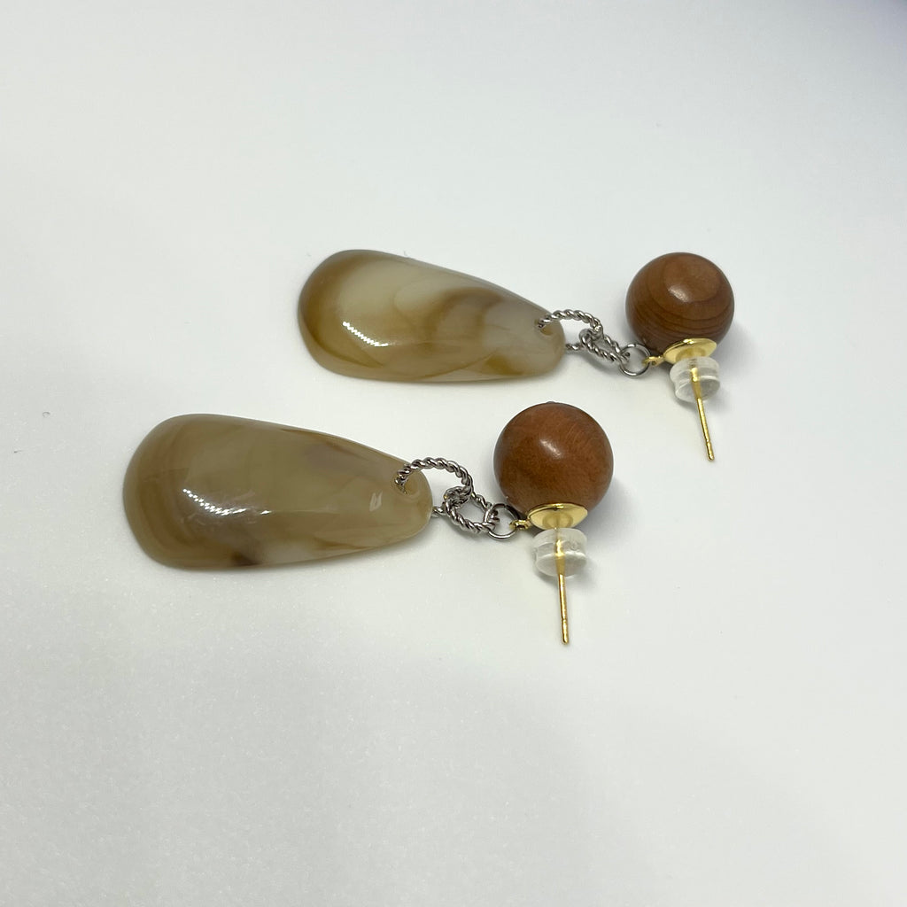 WOODEN SPHERE WITH MARBLE DROP EARRINGS