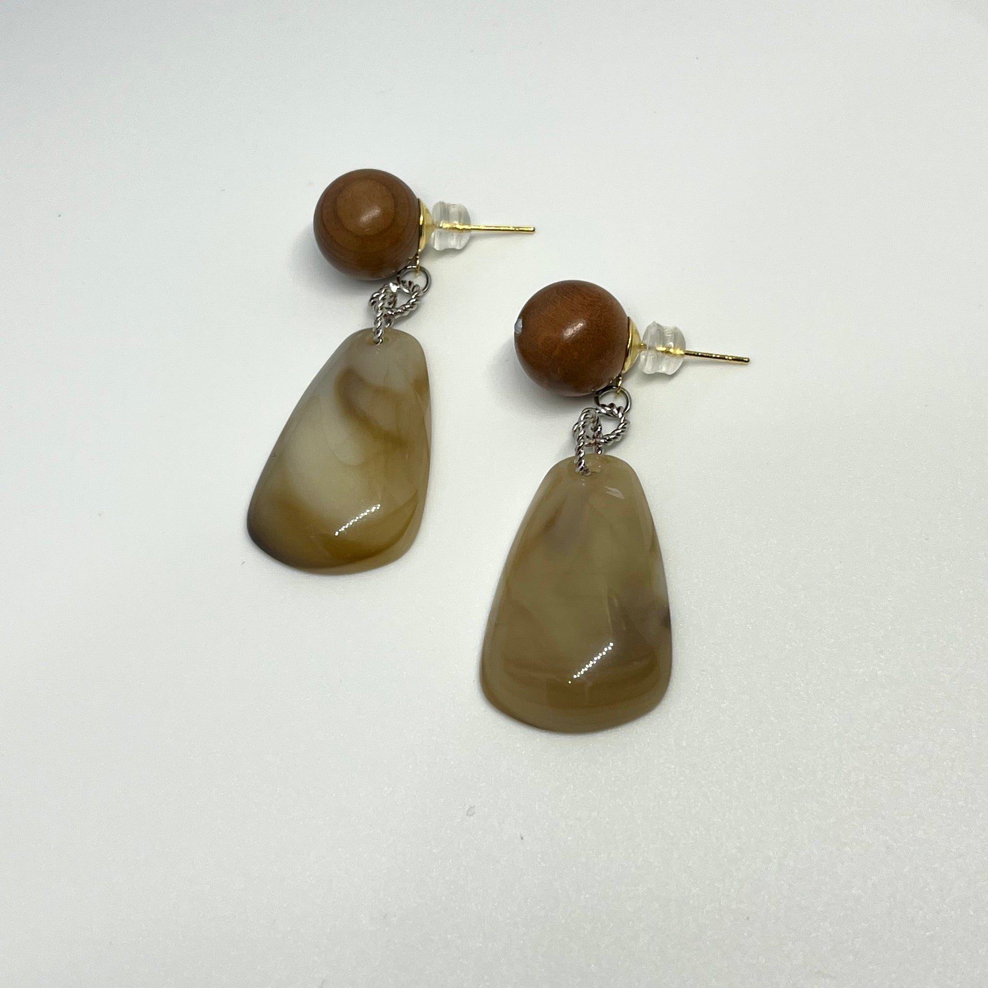 WOODEN SPHERE WITH MARBLE DROP EARRINGS