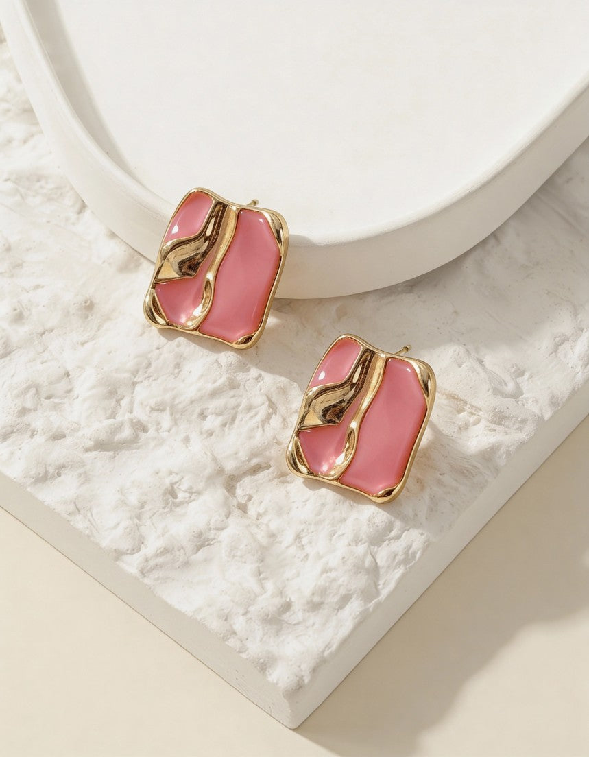 Pink glossy enamel Flow Frame Studs with sculptural gold-toned detailing